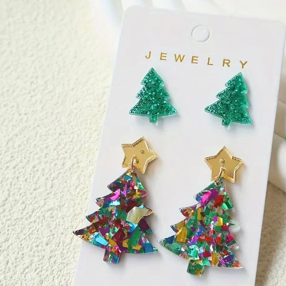 NWT 2 Christmas Tree Acrylic Earrings Green Glitter & Multi Color Confetti Foil - Picture 3 of 6